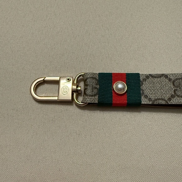 Fashion Tan Monogram Keychain Fob with Green and Red Stripe - Picture 4 of 5